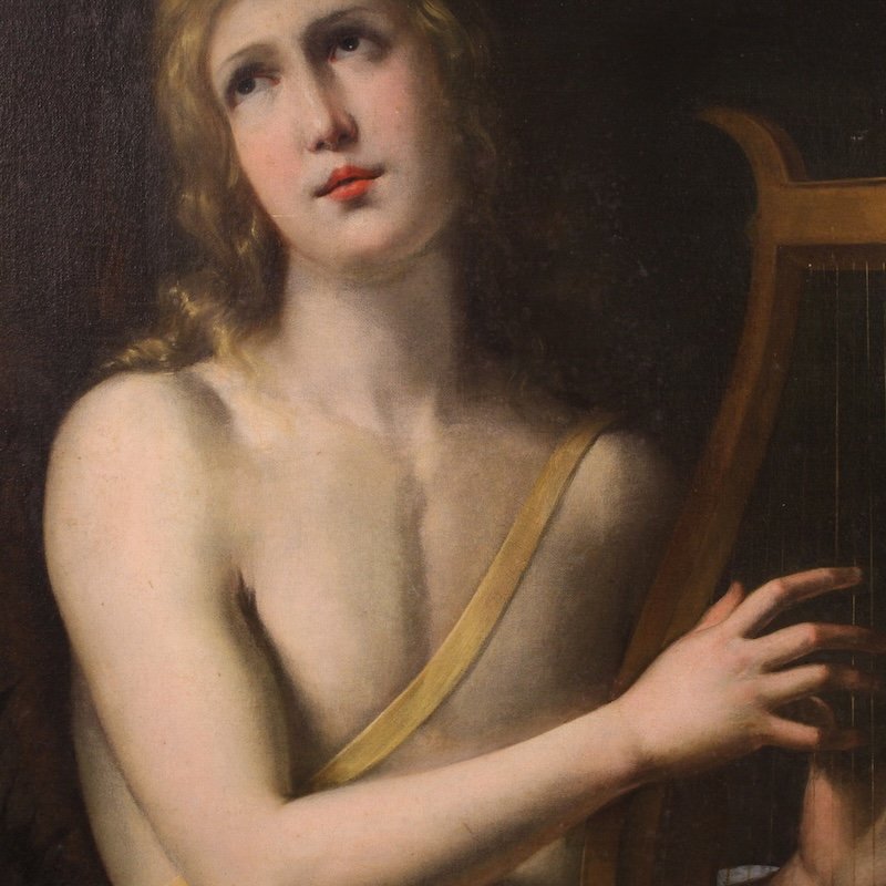 Antico dipinto mitologico del XVII secolo, Apollo suona la lira-photo-3