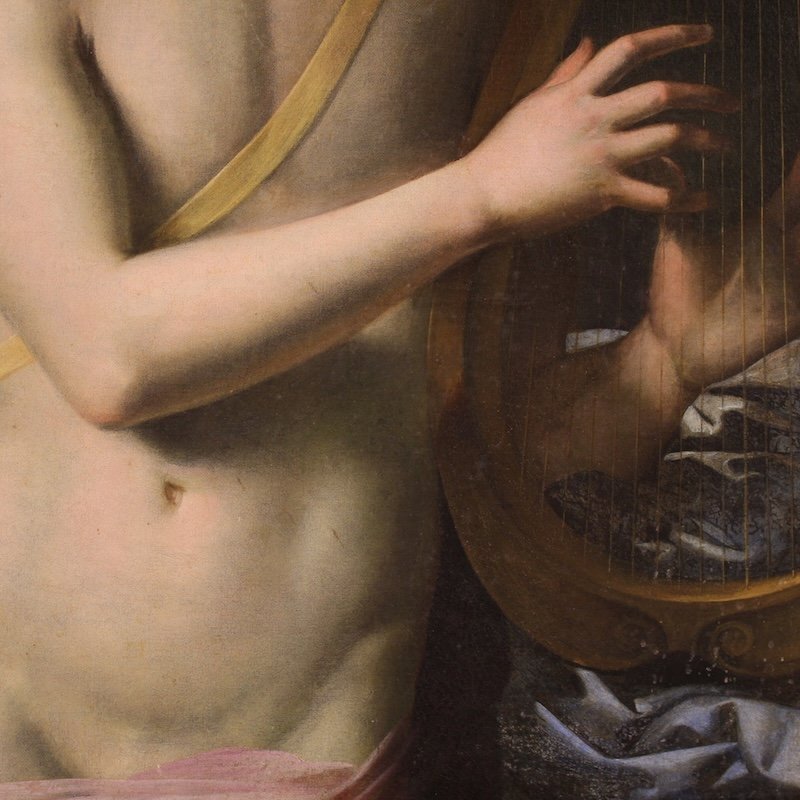 Antico dipinto mitologico del XVII secolo, Apollo suona la lira-photo-6
