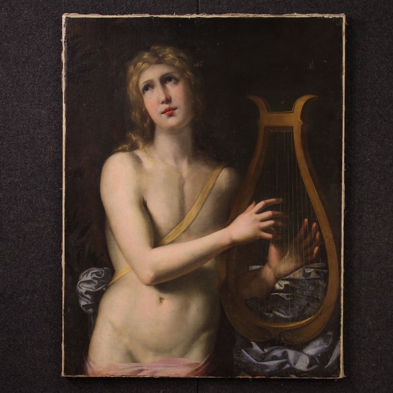 Antico dipinto mitologico del XVII secolo, Apollo suona la lira