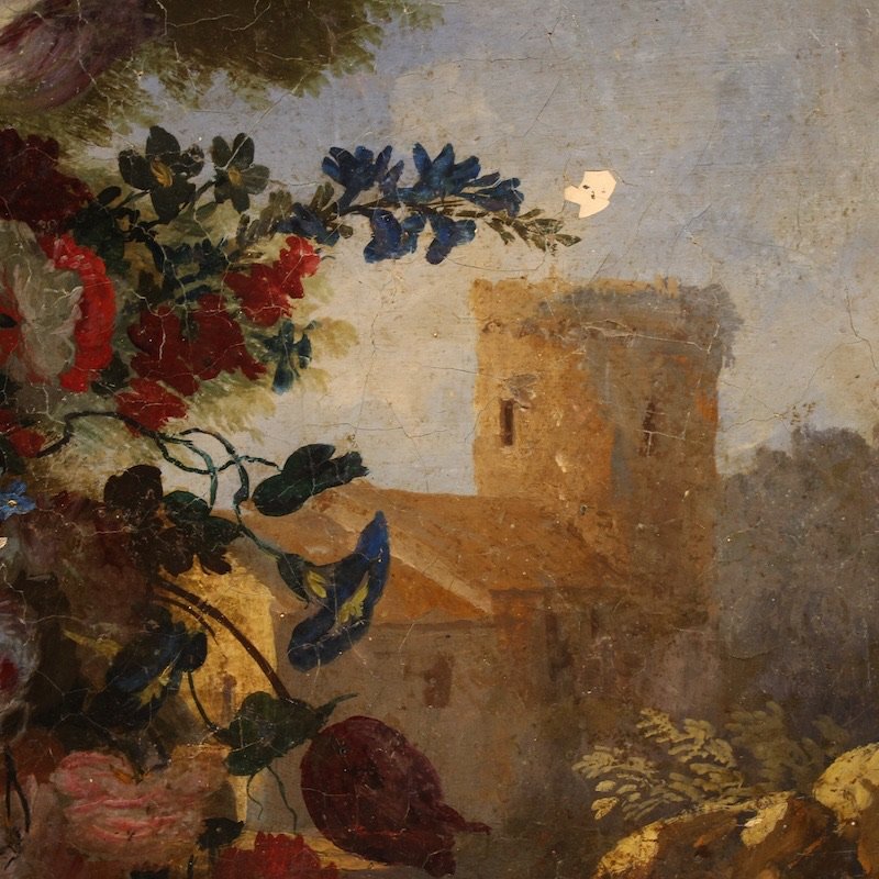 Antico dipinto italiano ovale natura morta del XVIII secolo-photo-4