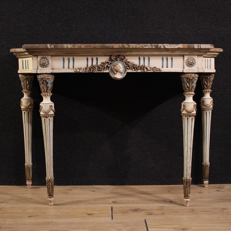 Console italiana laccata in stile Luigi XVI con piano in marmo-photo-3