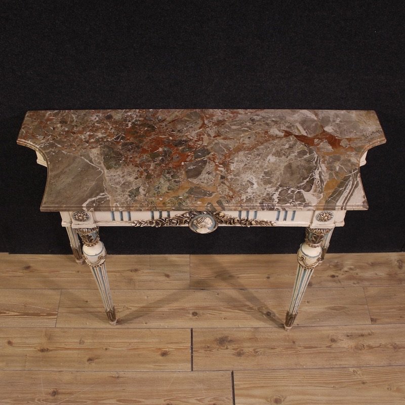 Console italiana laccata in stile Luigi XVI con piano in marmo-photo-4