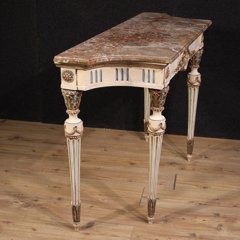 Console italiana laccata in stile Luigi XVI con piano in marmo-photo-1