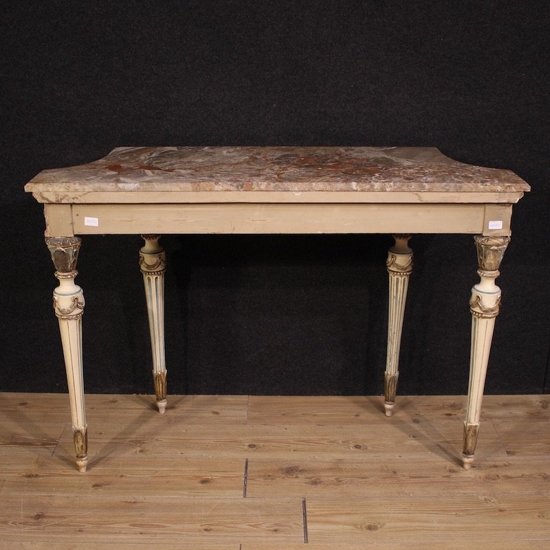 Console italiana laccata in stile Luigi XVI con piano in marmo-photo-5