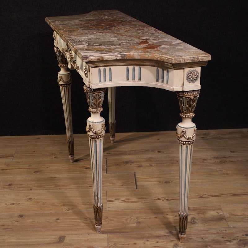 Console italiana laccata in stile Luigi XVI con piano in marmo-photo-6