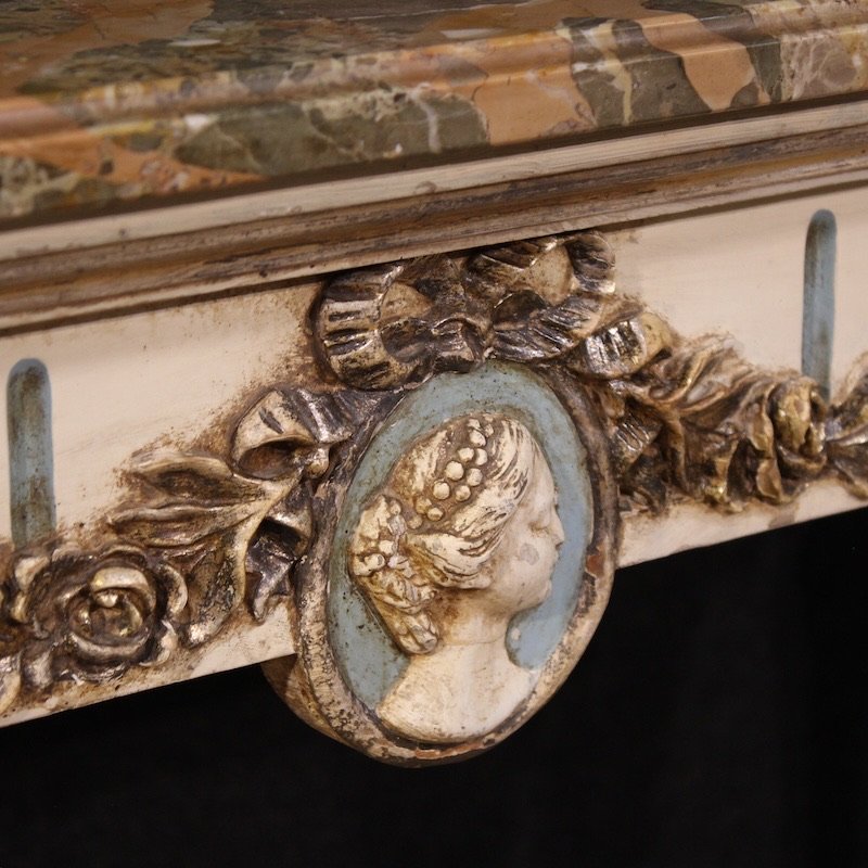 Console italiana laccata in stile Luigi XVI con piano in marmo-photo-7