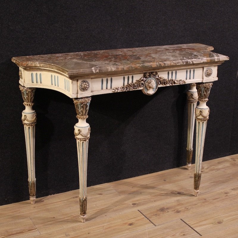 Console italiana laccata in stile Luigi XVI con piano in marmo