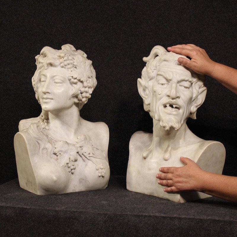 Coppia di sculture in marmo bianco del XIX secolo, Satiro e Baccante-photo-2