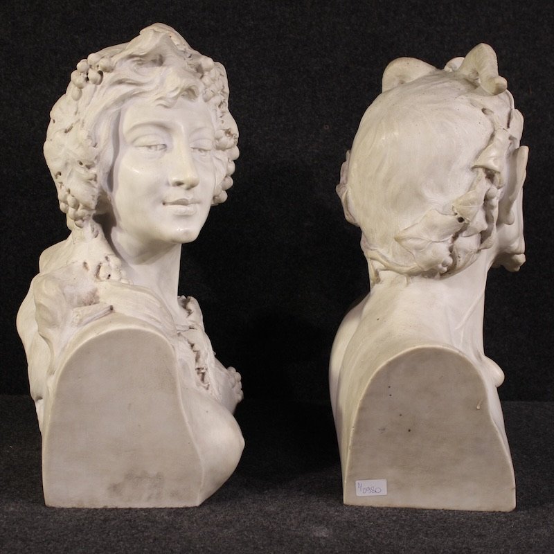 Coppia di sculture in marmo bianco del XIX secolo, Satiro e Baccante-photo-1
