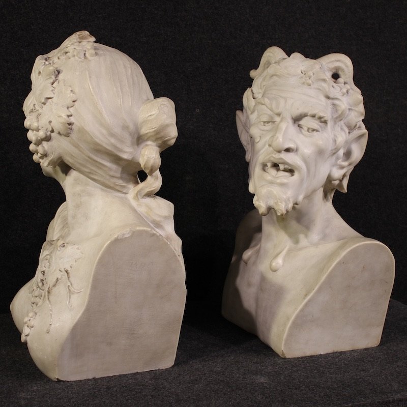 Coppia di sculture in marmo bianco del XIX secolo, Satiro e Baccante-photo-5