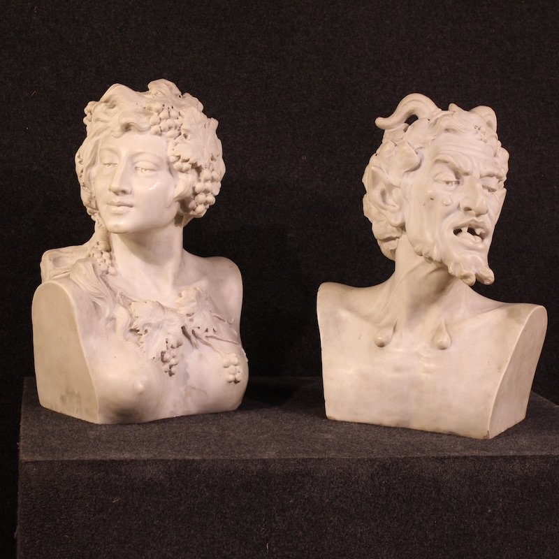 Coppia di sculture in marmo bianco del XIX secolo, Satiro e Baccante