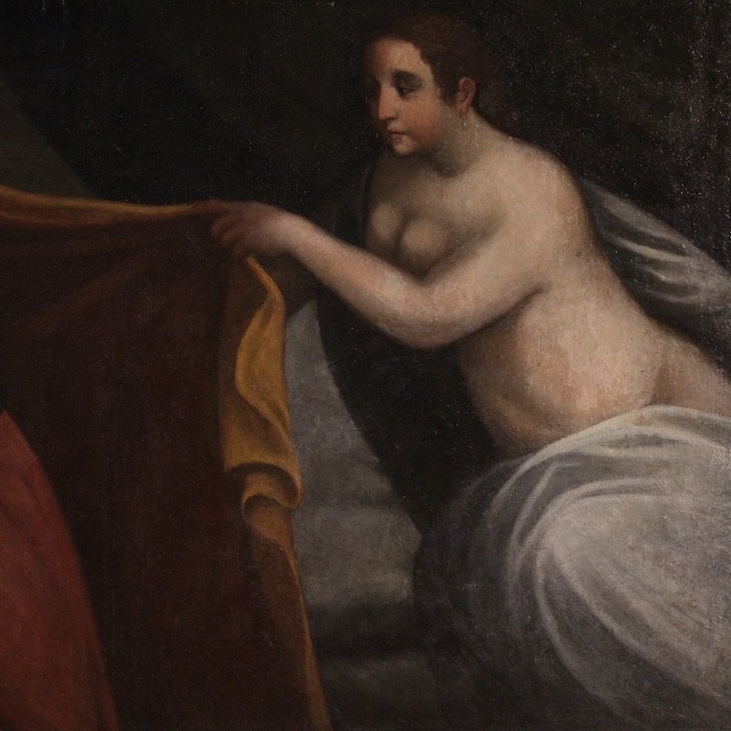 Antico dipinto italiano Giuseppe e la moglie di Putifarre del XVII secolo-photo-2