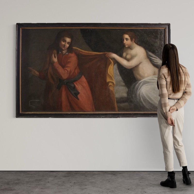 Antico dipinto italiano Giuseppe e la moglie di Putifarre del XVII secolo-photo-1