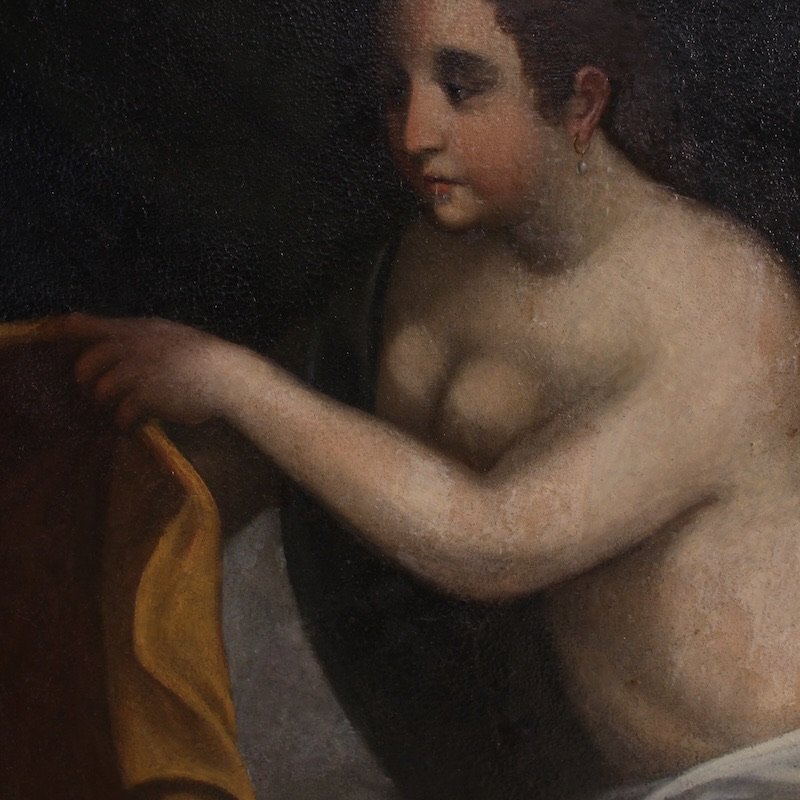 Antico dipinto italiano Giuseppe e la moglie di Putifarre del XVII secolo-photo-5