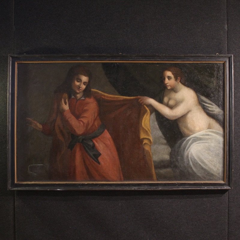 Antico dipinto italiano Giuseppe e la moglie di Putifarre del XVII secolo