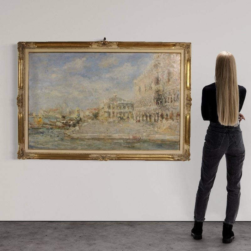 Grande quadro firmato Luigi Mantovani, veduta di Venezia con Palazzo Ducale-photo-2