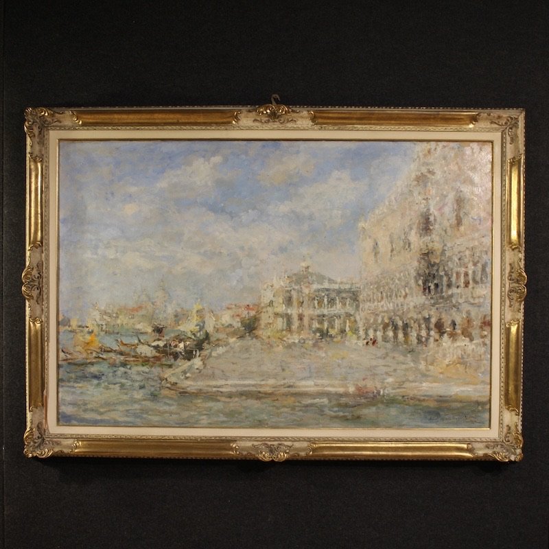 Grande quadro firmato Luigi Mantovani, veduta di Venezia con Palazzo Ducale