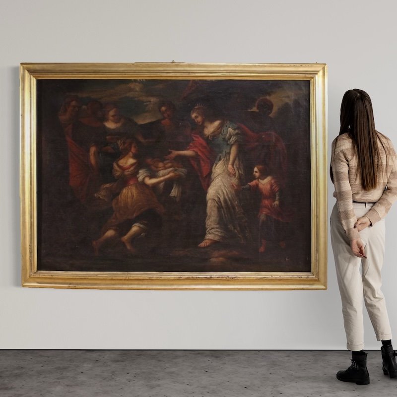 Grande dipinto italiano del XVII secolo, Mosè salvato dalle acque-photo-2