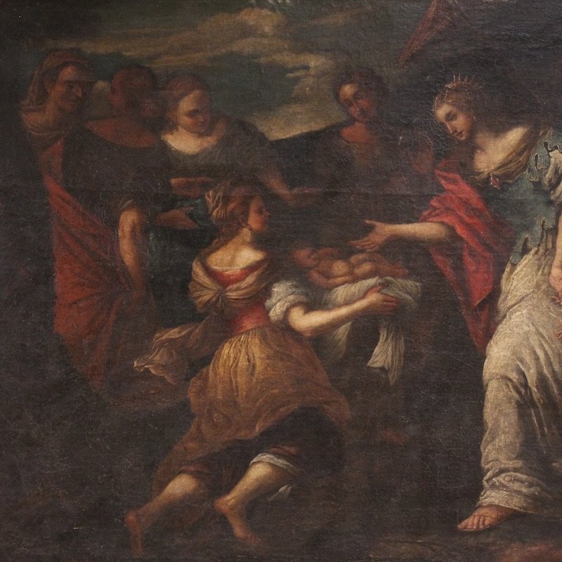 Grande dipinto italiano del XVII secolo, Mosè salvato dalle acque-photo-3
