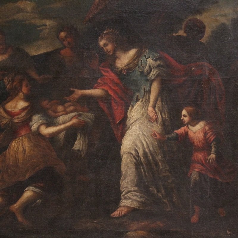 Grande dipinto italiano del XVII secolo, Mosè salvato dalle acque-photo-4
