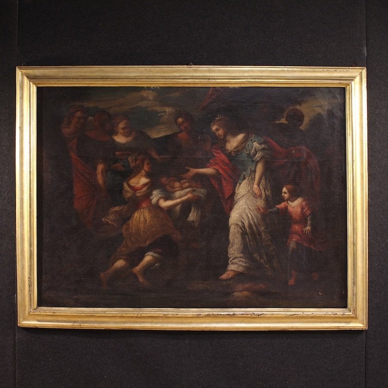 Grande dipinto italiano del XVII secolo, Mosè salvato dalle acque