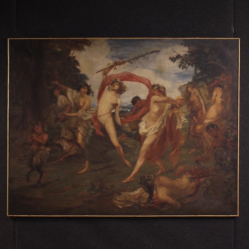 Quadro mitologico firmato Vera Willoughby e datato 1911, baccanale