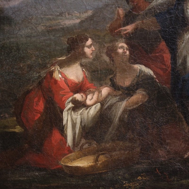 Antico quadro veneziano del XVIII secolo, Mosè salvato dalle acque-photo-1