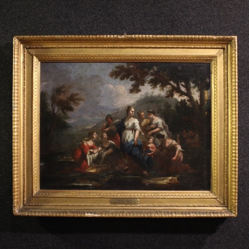 Antico quadro veneziano del XVIII secolo, Mosè salvato dalle acque