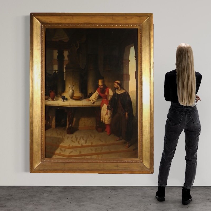 Grande quadro firmato Carlo De Notaris, il profeta Daniele svela a Ciro l’inganno dei sacerdoti-photo-2