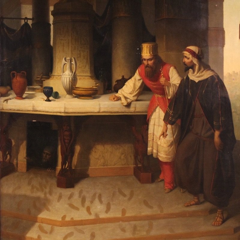 Grande quadro firmato Carlo De Notaris, il profeta Daniele svela a Ciro l’inganno dei sacerdoti-photo-3