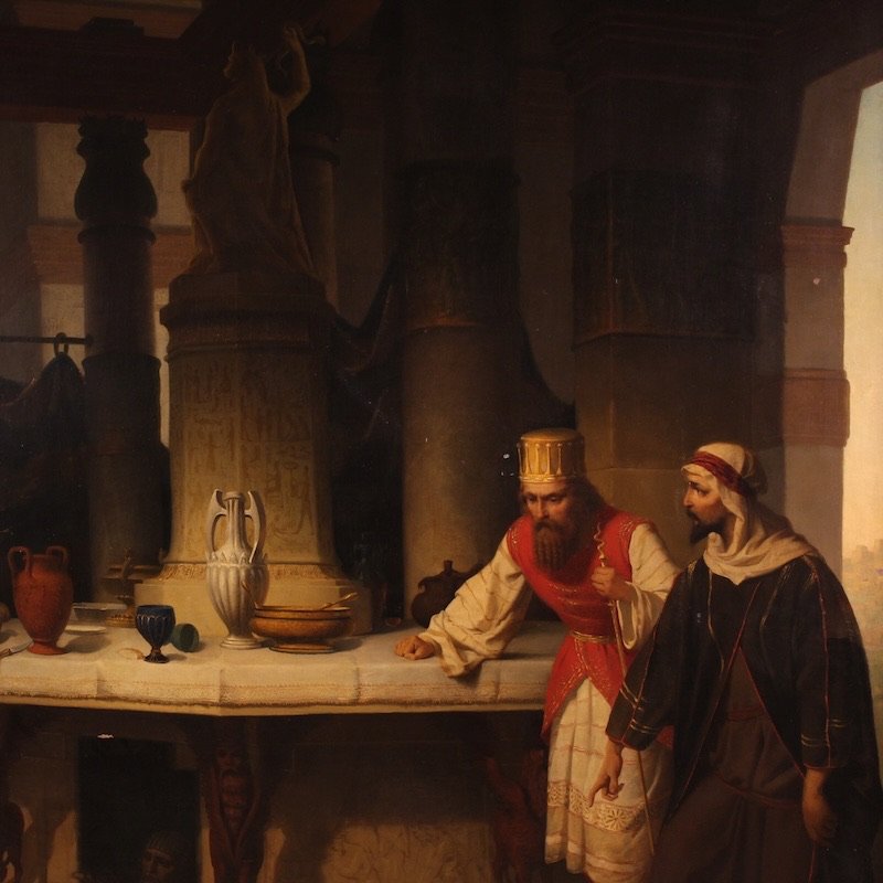 Grande quadro firmato Carlo De Notaris, il profeta Daniele svela a Ciro l’inganno dei sacerdoti-photo-4