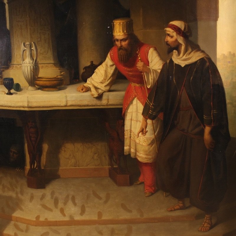 Grande quadro firmato Carlo De Notaris, il profeta Daniele svela a Ciro l’inganno dei sacerdoti-photo-1