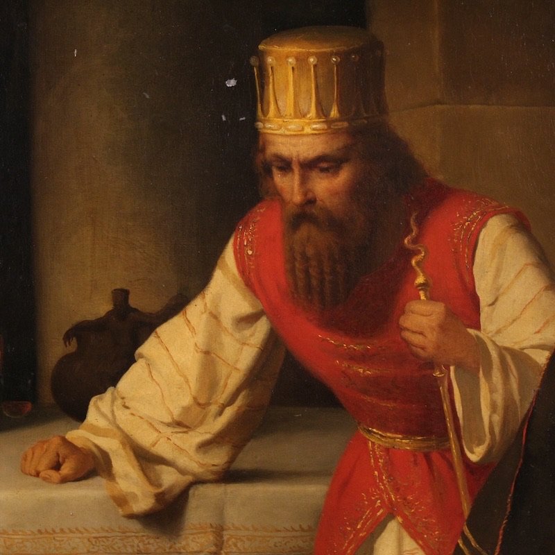 Grande quadro firmato Carlo De Notaris, il profeta Daniele svela a Ciro l’inganno dei sacerdoti-photo-6