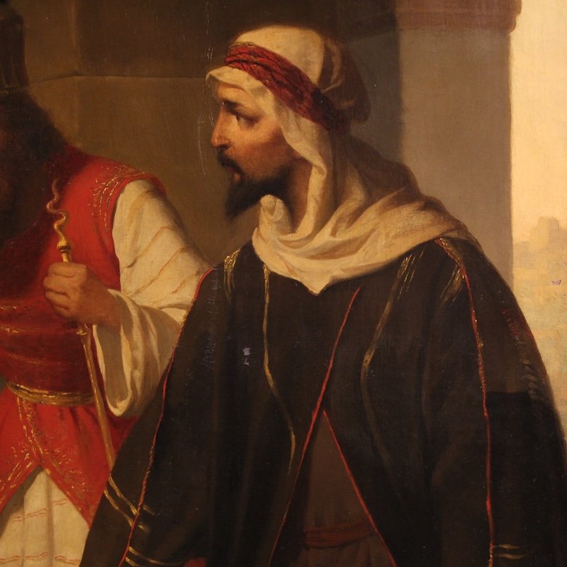 Grande quadro firmato Carlo De Notaris, il profeta Daniele svela a Ciro l’inganno dei sacerdoti-photo-7