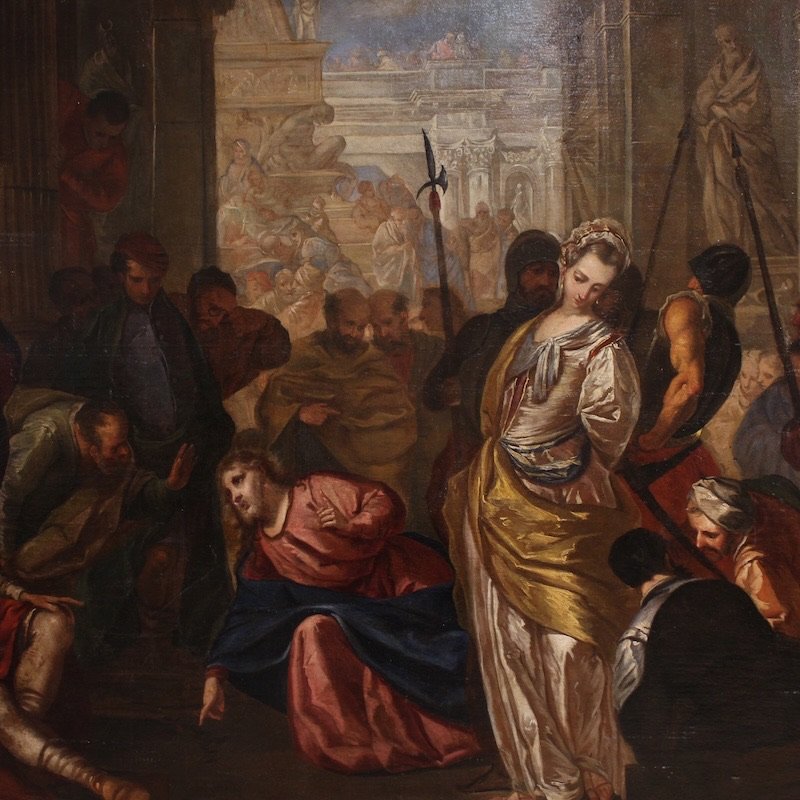 Grande dipinto veneziano del XVI secolo, Cristo e l’adultera