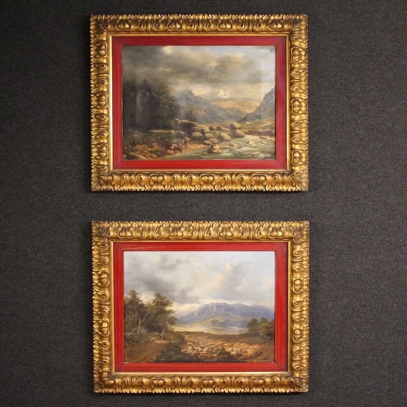 Paesaggio italiano con viandanti, olio su tela datato 1845-photo-2
