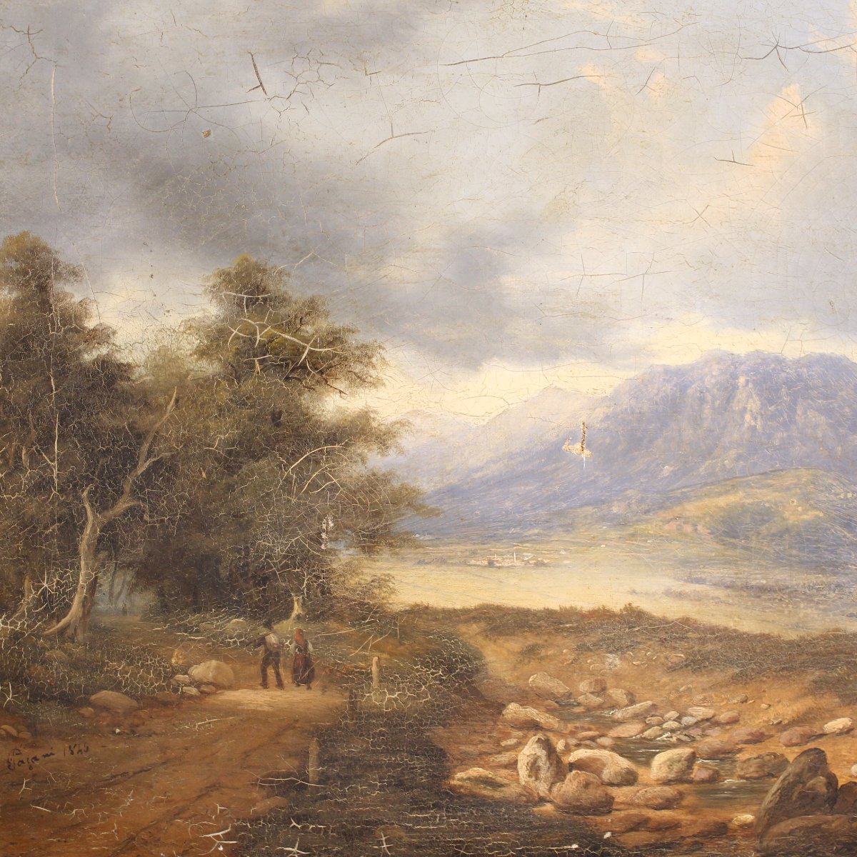 Paesaggio italiano con viandanti, olio su tela datato 1845-photo-3