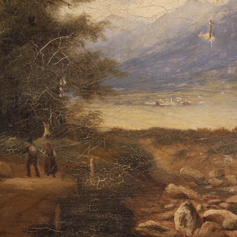Paesaggio italiano con viandanti, olio su tela datato 1845-photo-4