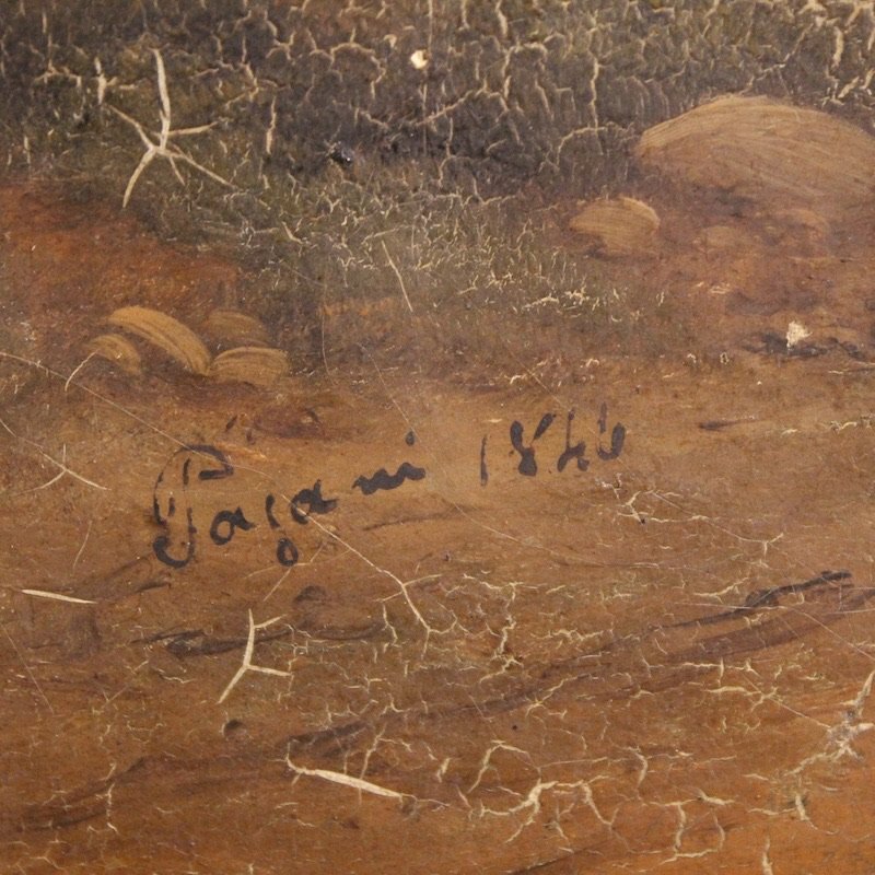 Paesaggio italiano con viandanti, olio su tela datato 1845-photo-3