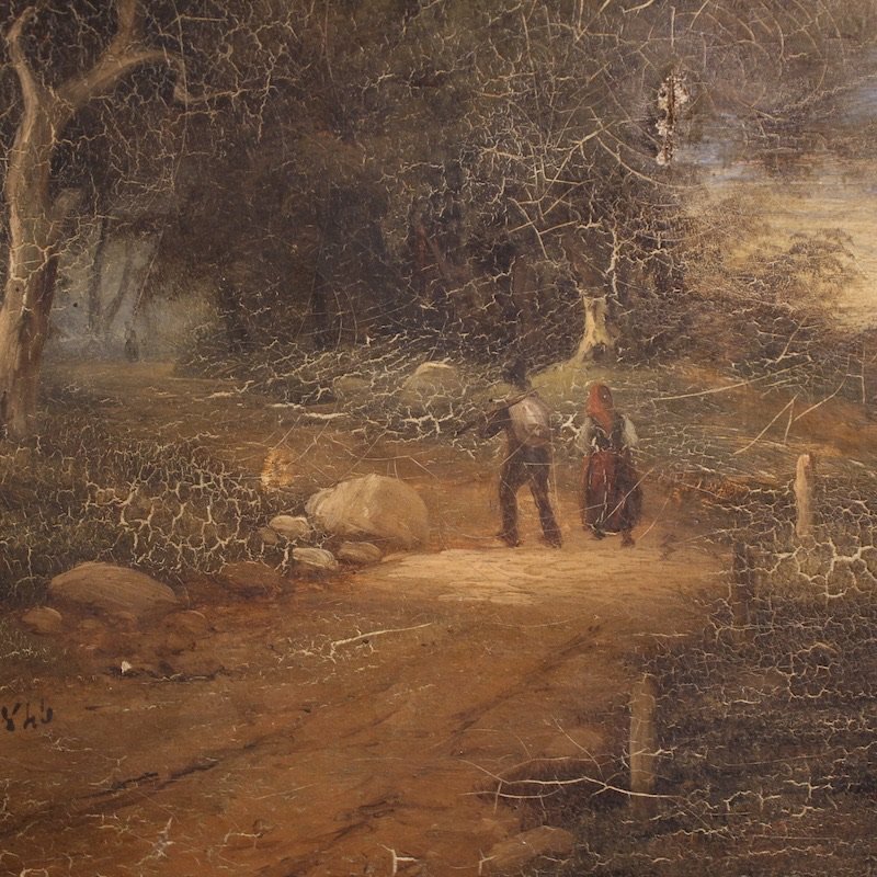Paesaggio italiano con viandanti, olio su tela datato 1845-photo-4