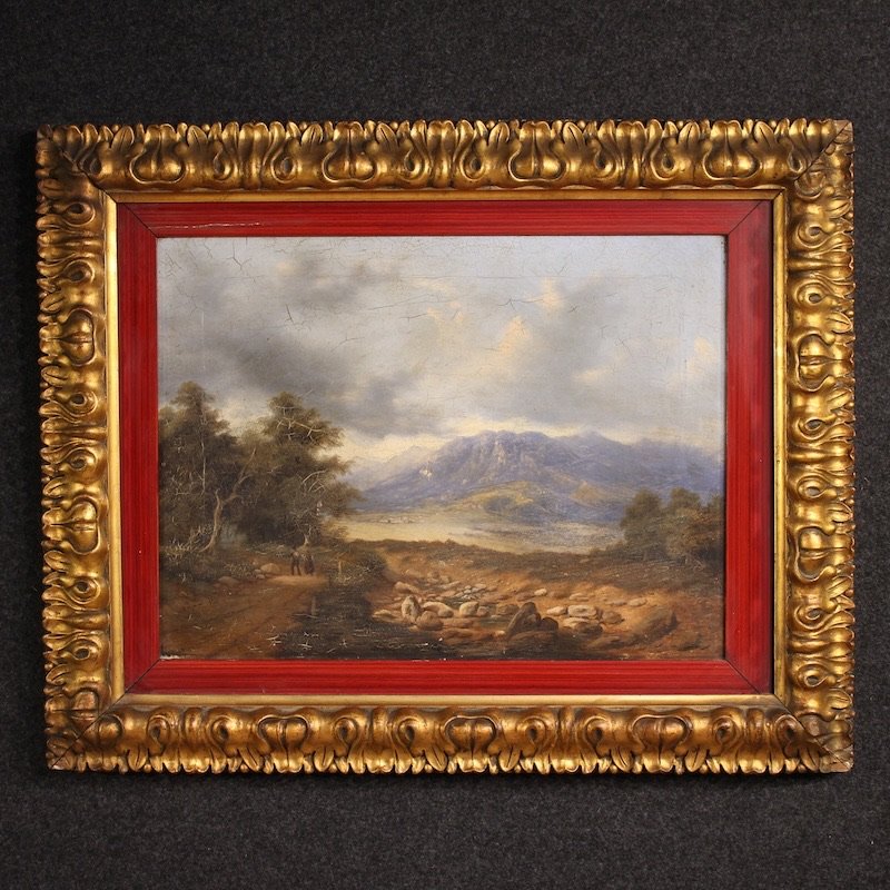 Paesaggio italiano con viandanti, olio su tela datato 1845