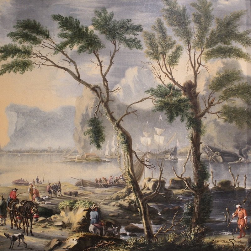 Quadro fiammingo del XVII secolo, grande paesaggio con velieri-photo-2