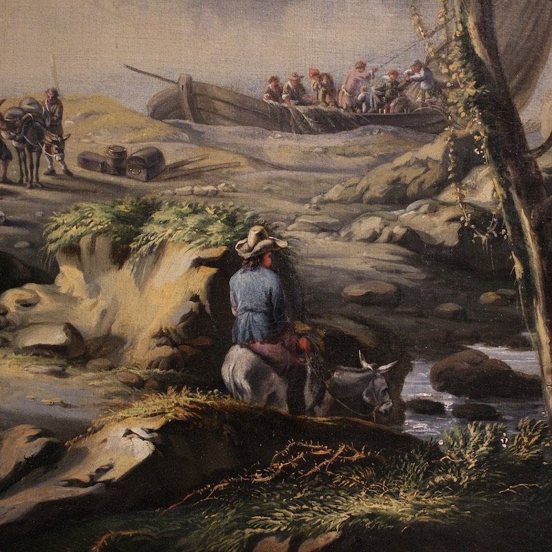 Quadro fiammingo del XVII secolo, grande paesaggio con velieri-photo-4