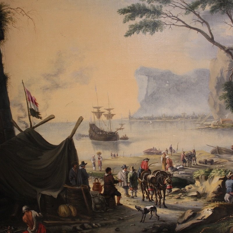 Quadro fiammingo del XVII secolo, grande paesaggio con velieri-photo-5