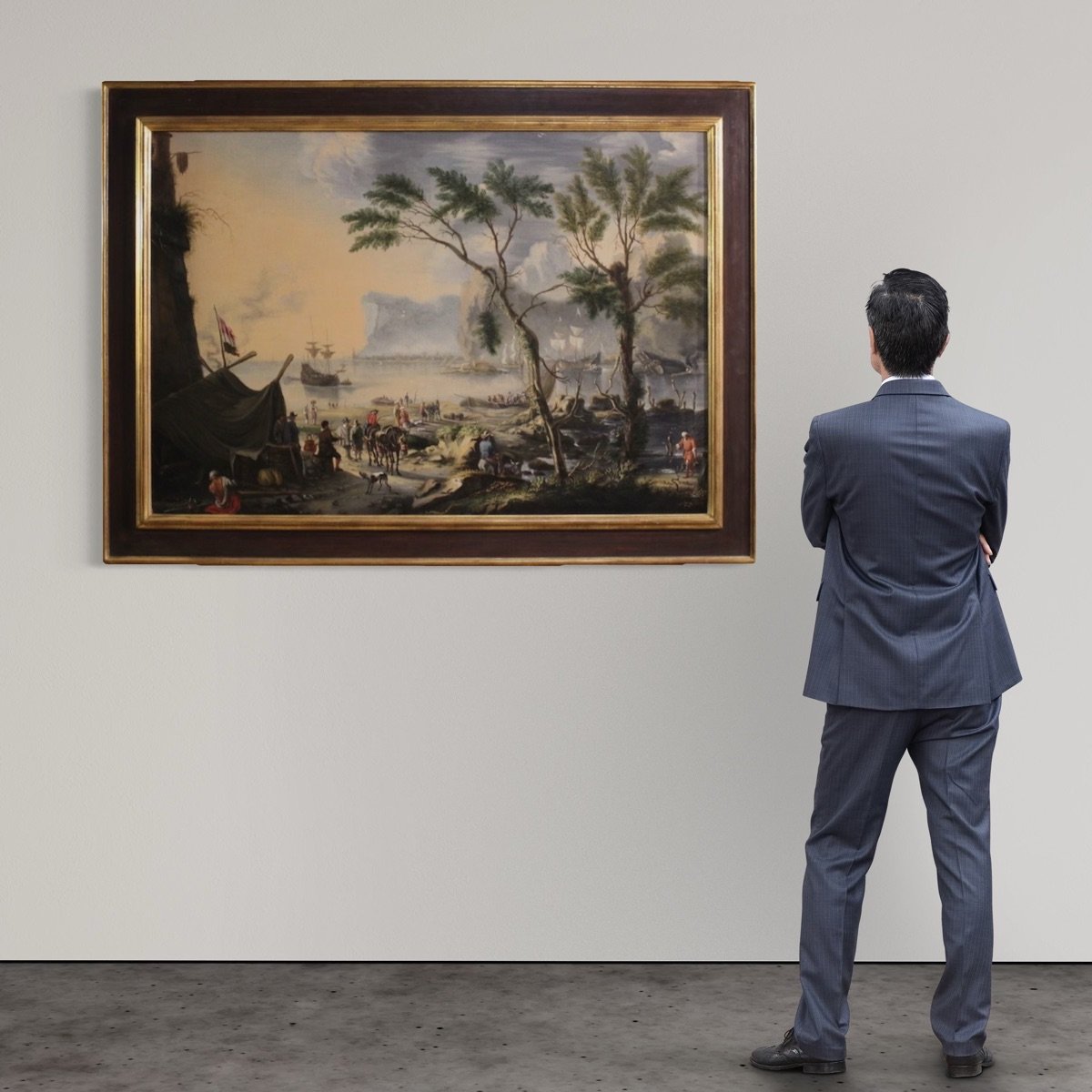 Quadro fiammingo del XVII secolo, grande paesaggio con velieri-photo-7