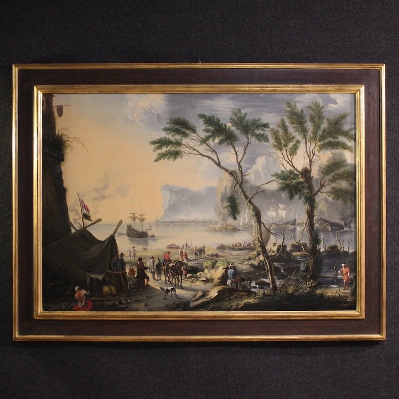 Quadro fiammingo del XVII secolo, grande paesaggio con velieri