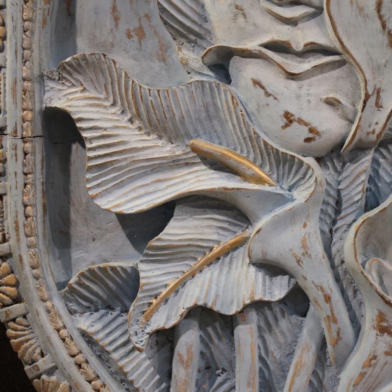 Scultura bassorilievo, volto stilizzato con fiori, XX secolo-photo-5