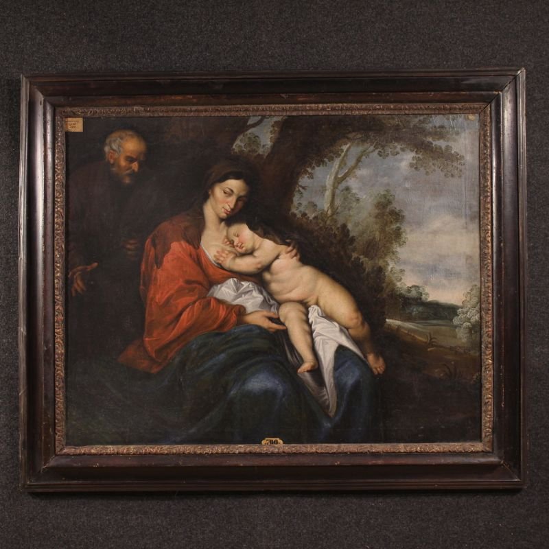 Grande dipinto fiammingo del XVII secolo, riposo durante la fuga in Egitto