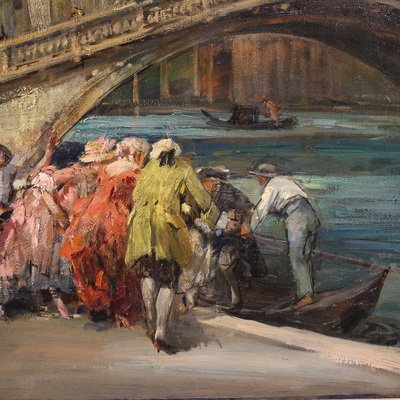 Grande dipinto del XX secolo firmato C. Mannucci, Carnevale sul Ponte di Rialto -photo-2
