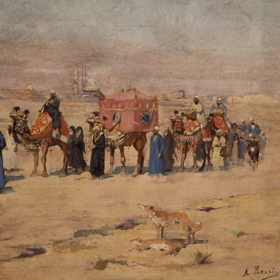 Quadro orientalista firmato A. Rossi e datato 1893, carovana nel deserto -photo-3